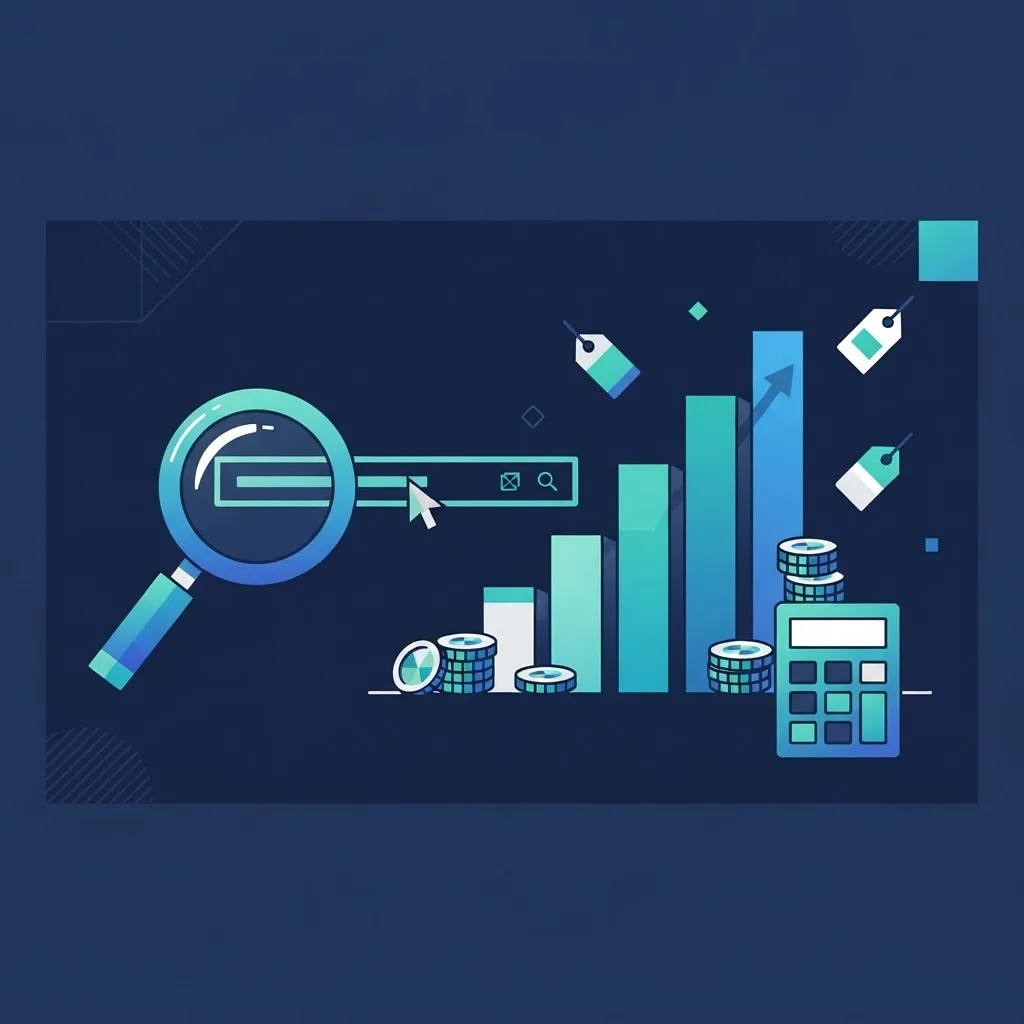 Ilustracija cijene SEO optimizacije sa lupom, grafom rasta i markicama sa cijenom