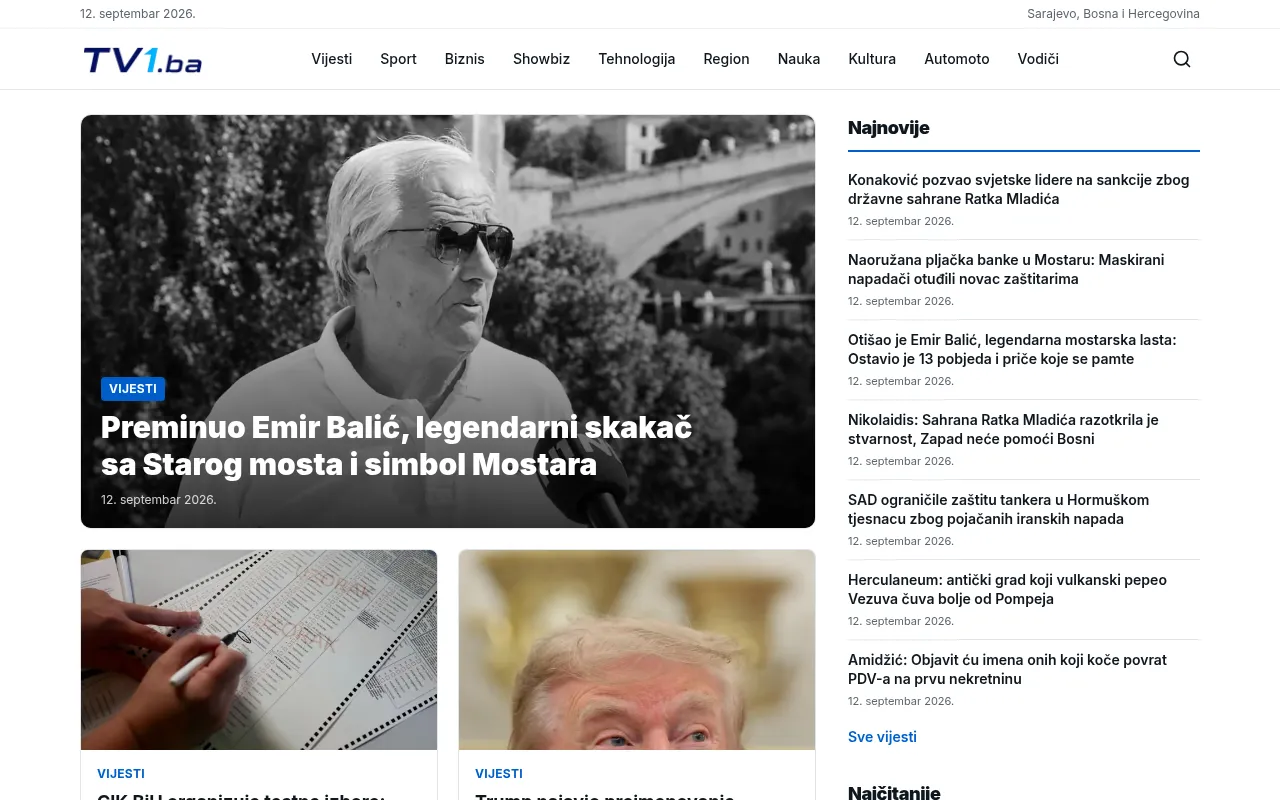 Naslovna stranica news portala TV1.ba