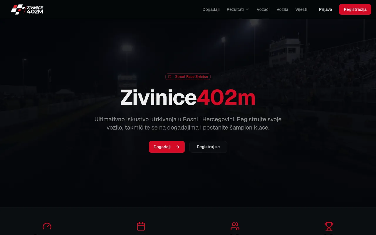 Naslovna stranica platforme za drag utrke Zivinice402m.ba